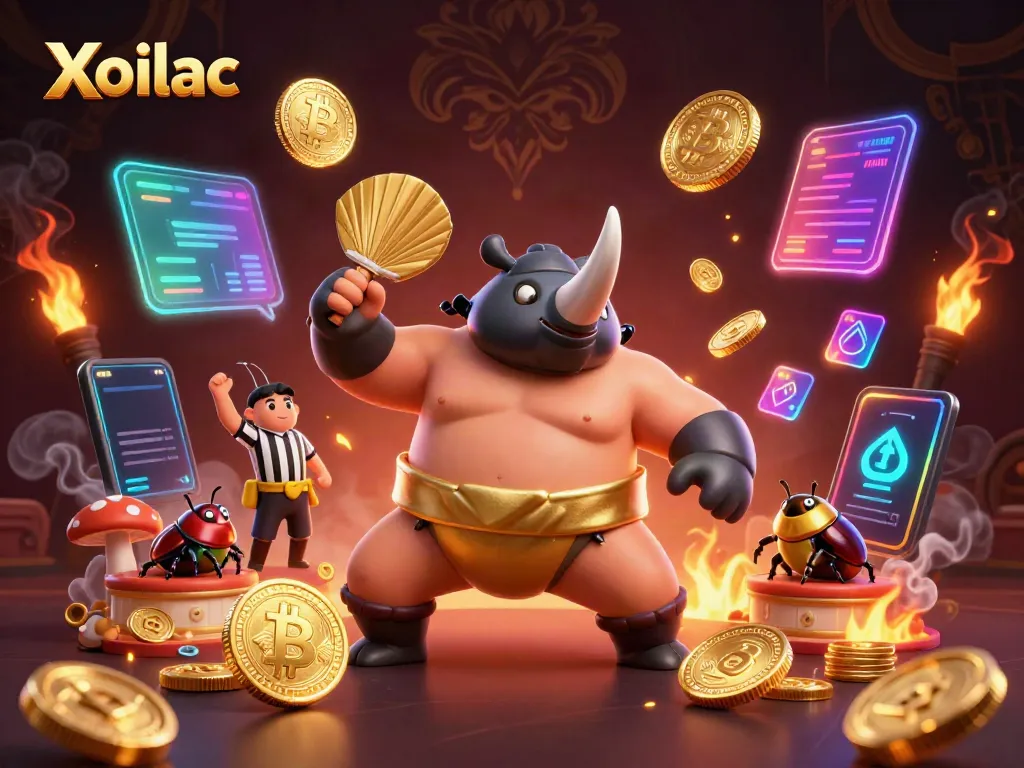 Xoilac showcases a vibrant scene with a beetle champion and crypto elements in a dynamic gambling environment.