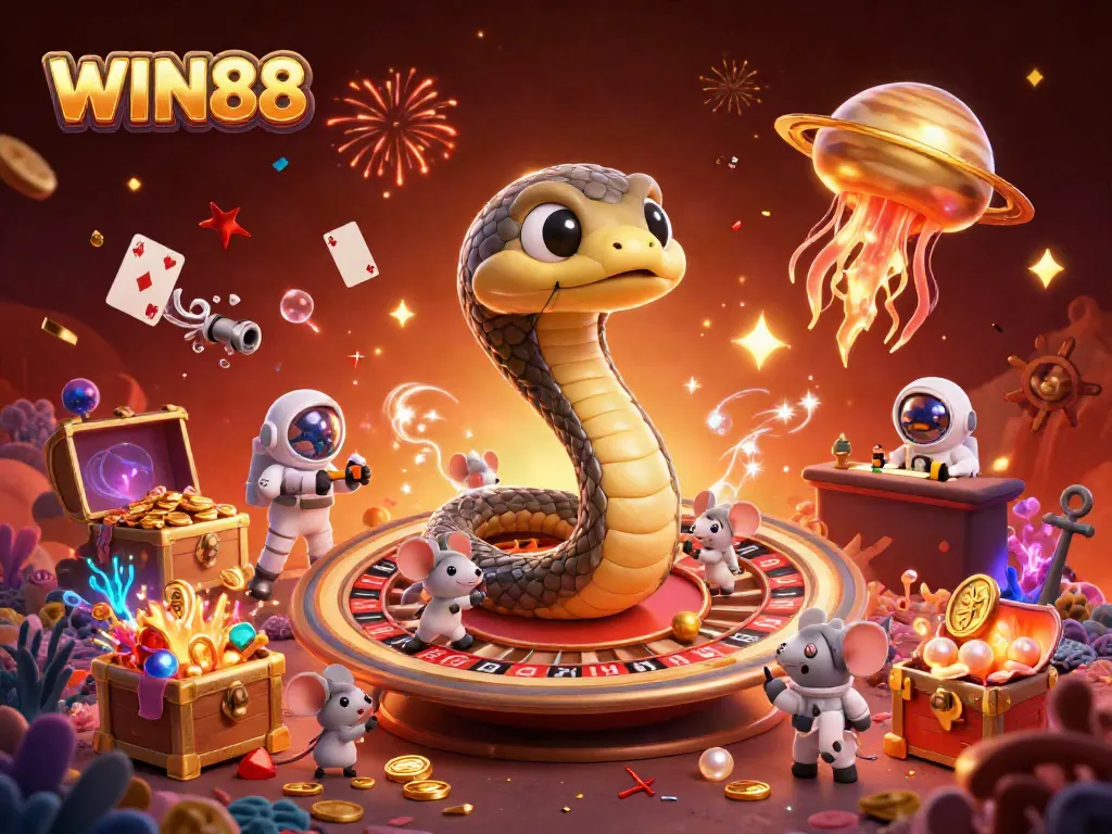 Engage with WIN88's cosmic casino experience featuring vibrant characters and festive elements.