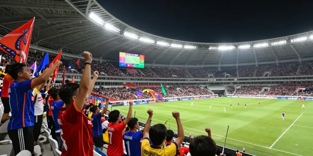 Exciting live match scene showcasing passionate football fans and players in action in ข่าวฟุตบอลไทย.