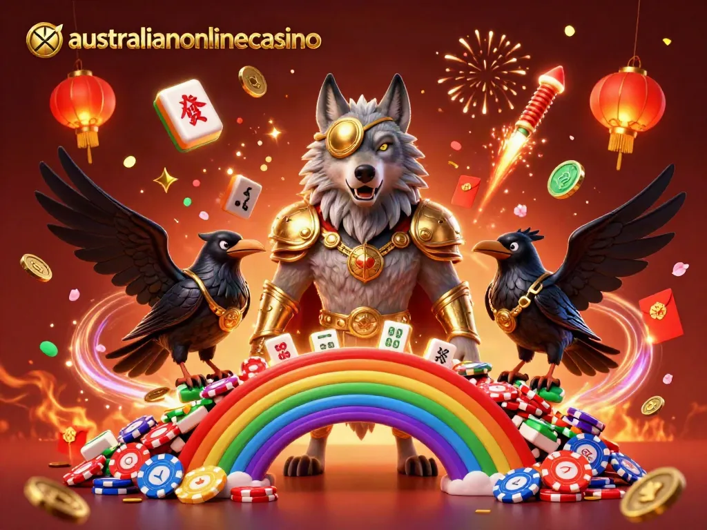Experience thrilling gameplay at australianonlinecasino with a powerful Norse wolf and golden ravens surrounded by casino elements.