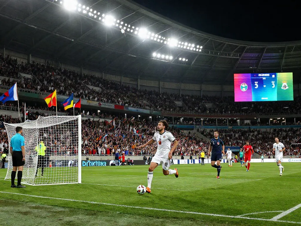 TOP10ตำนานนักเตะ scoring a goal live in an electrifying stadium atmosphere.