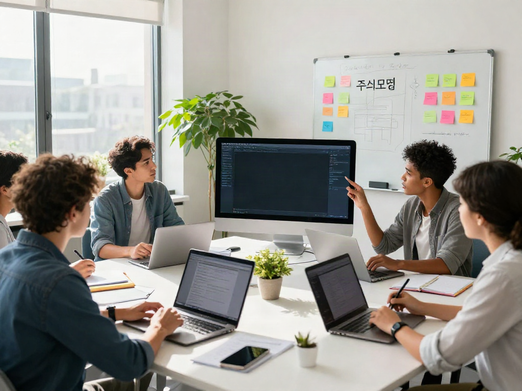 Diverse team collaborating on 주소모음 strategies in a vibrant office environment.