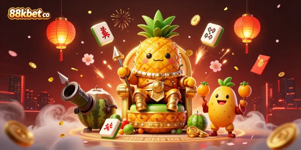 Engage with the vibrant gaming world of 88kbet co featuring a golden pineapple king and his colorful entourage.