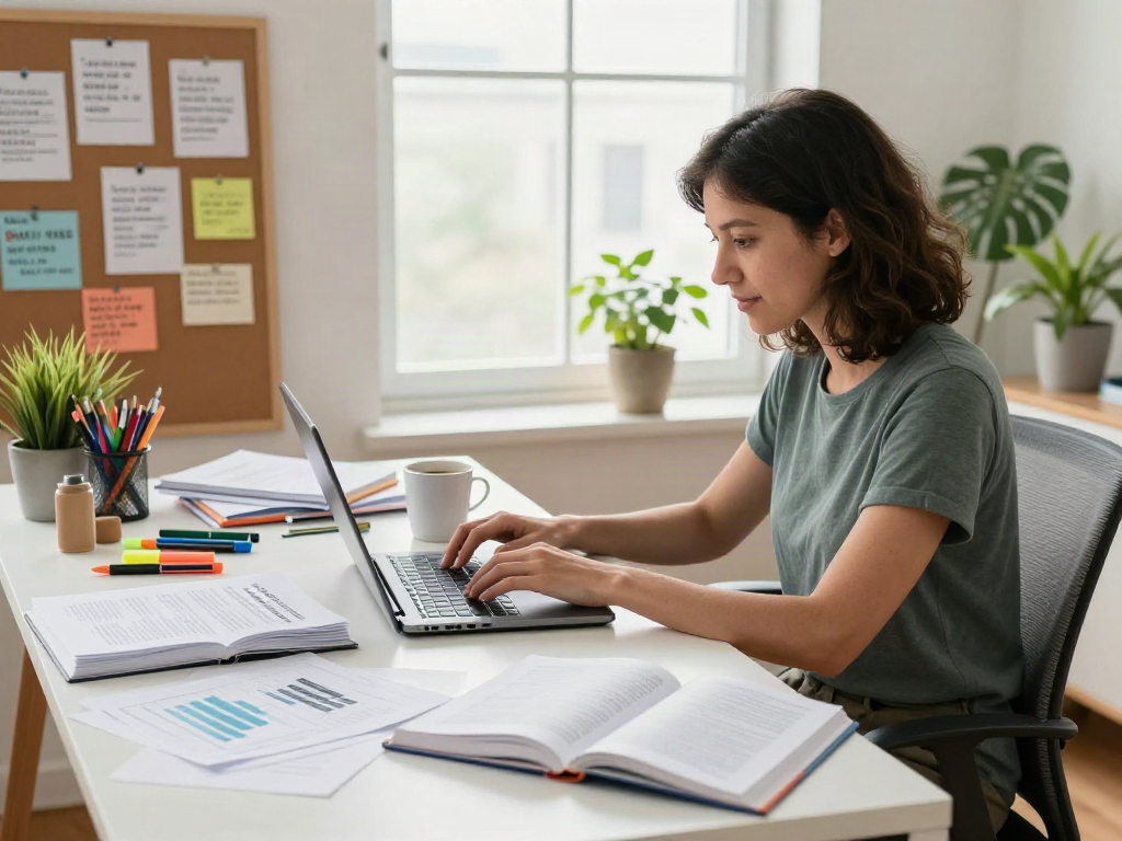 Author immersed in writing process at a modern desk, showcasing the journey to be published here.
