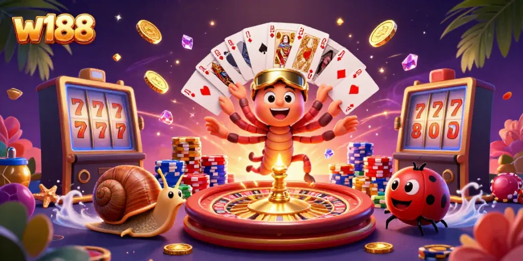 Betting at w188 with a lively 3D cartoon dealer, colorful poker chips, and sparkling gems.