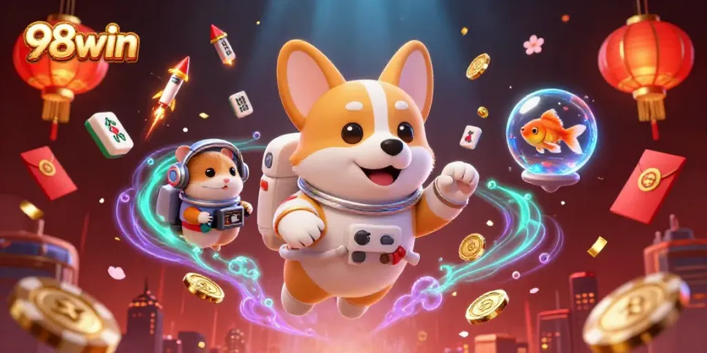 Engage in thrilling gameplay with 98win, featuring a vibrant 3D casino scene of a floating astronaut corgi.