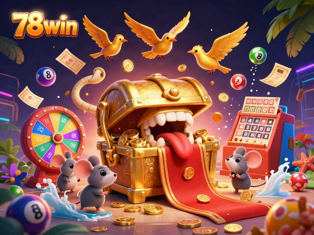 Engage with 78win's vibrant casino elements, featuring a treasure chest and playful mice amidst lively lottery games.