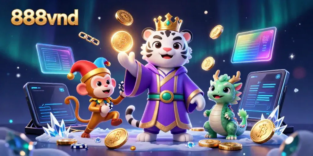 Engage with exciting bets at 888vnd as the playful characters celebrate a casino win amidst vibrant, glowing elements.