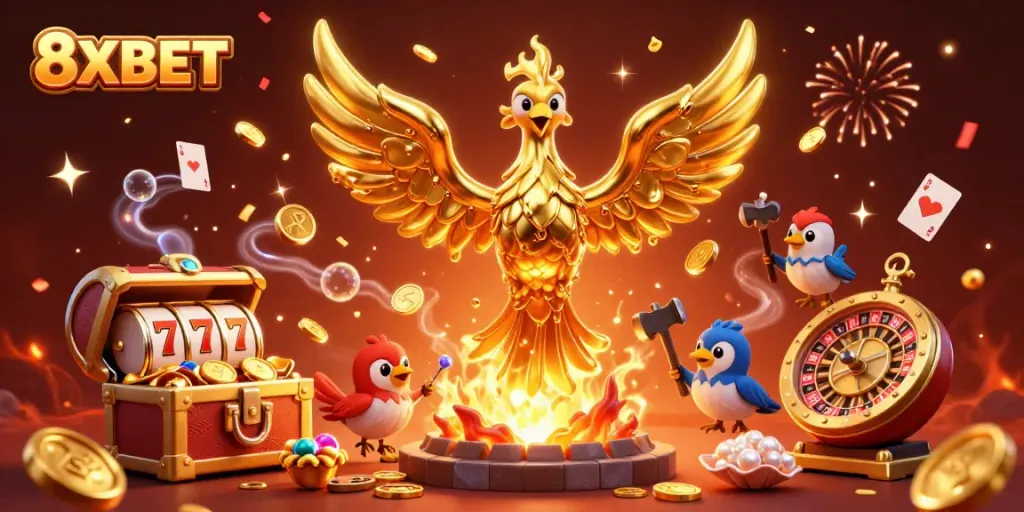 Engage in the vibrant world of 8XBET with exciting slot reels and golden phoenix illustration.