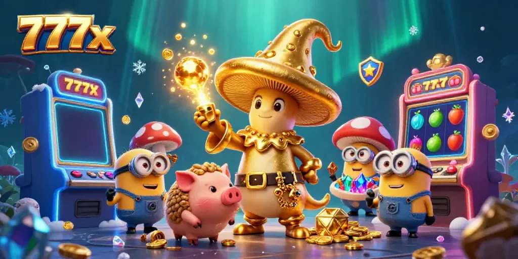 Engage in exciting casino gaming with 777x's golden wizard and treasure-hunting characters in a vibrant illustration.
