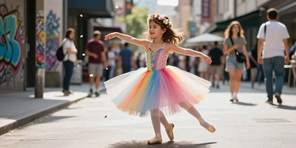 Girl in a vibrant tutu dancing joyfully in an urban street, showcasing the essence of tutu-store.com with artistic flair.