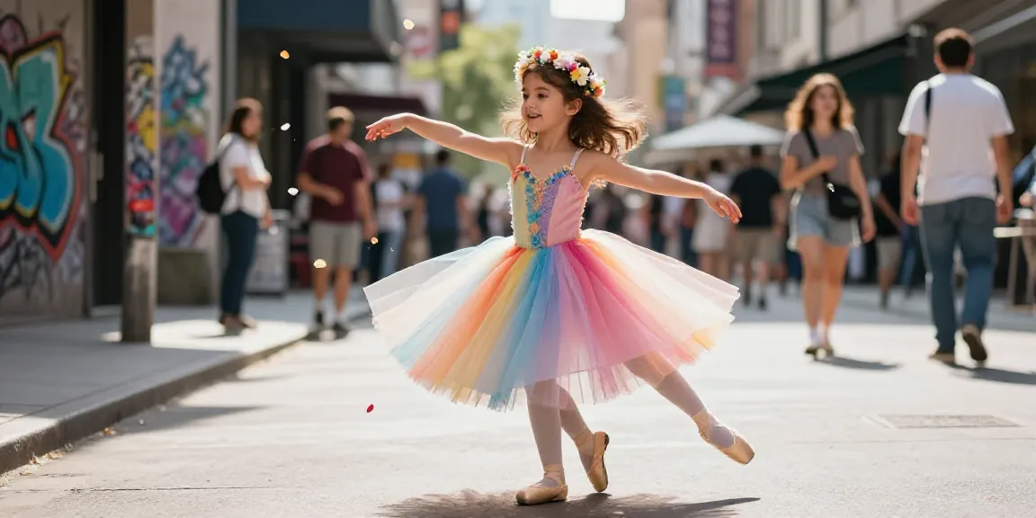 Girl in a vibrant tutu dancing joyfully in an urban street, showcasing the essence of tutu-store.com with artistic flair.
