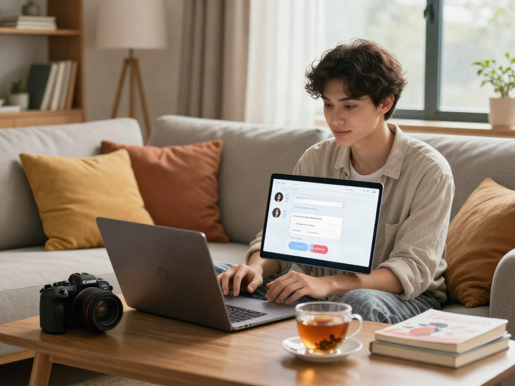 Engaging in AI sex chat in a cozy living room setting with warm lighting.