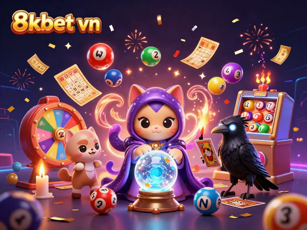 Bets come alive with 8xbet vn, featuring a mystical cat, raven, and vibrant lottery elements in a magical scene.