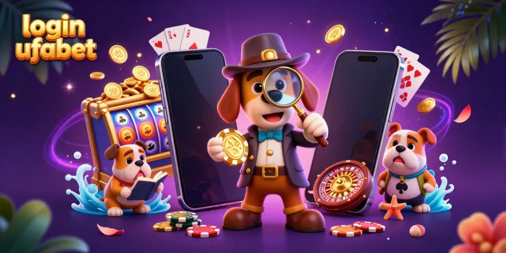 Engage with the vibrant scene as a detective dog examines golden poker chips while acknowledging the secure login ufabet experience.