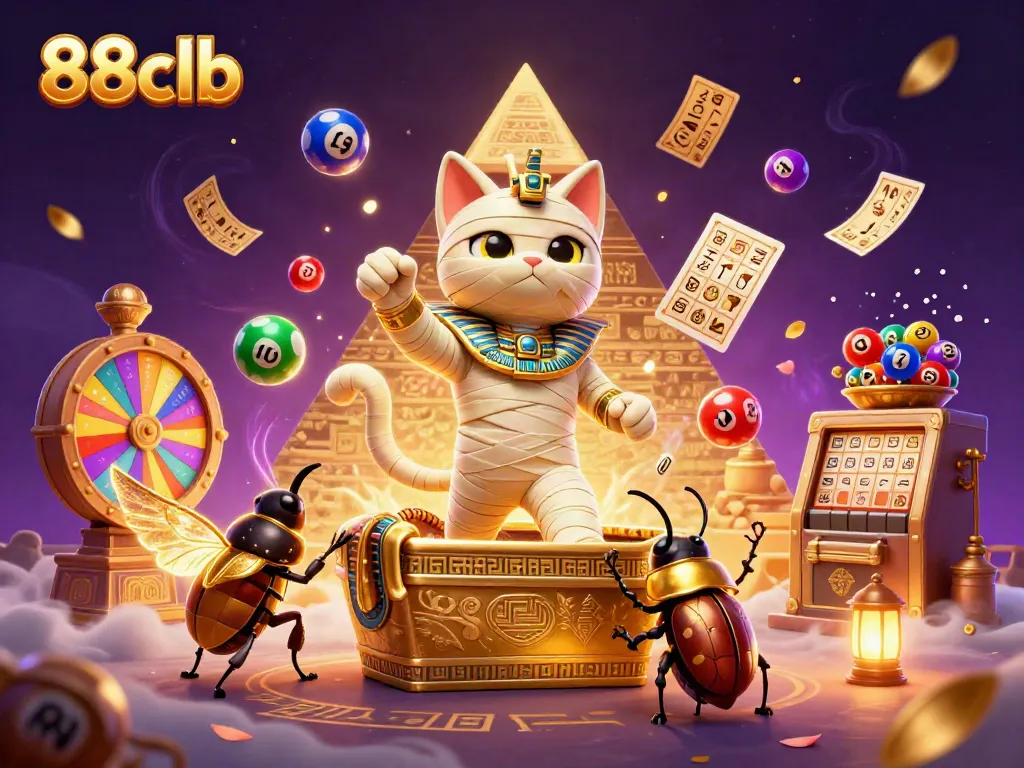 Experience the excitement of 88clb with a lively casino scene featuring a mummy cat and glowing elements.