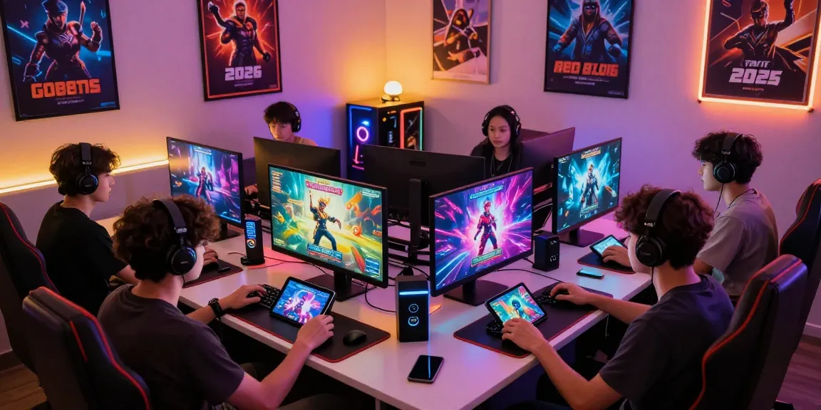Diverse gamers enjoying immersive porn games in a vibrant gaming lounge, showcasing popular genres in 2026.
