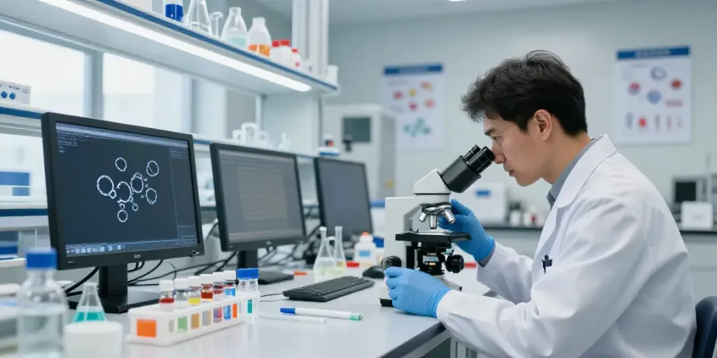 Comprar peptídeo em laboratório com pesquisador analisando amostras em ambiente moderno.
