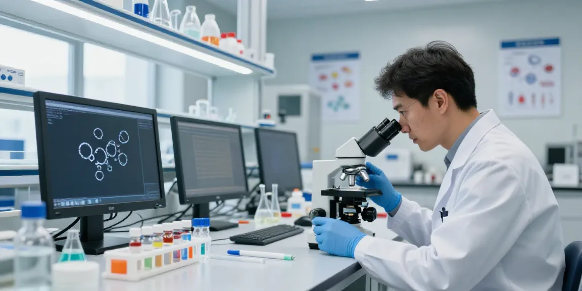 Comprar peptídeo em laboratório com pesquisador analisando amostras em ambiente moderno.
