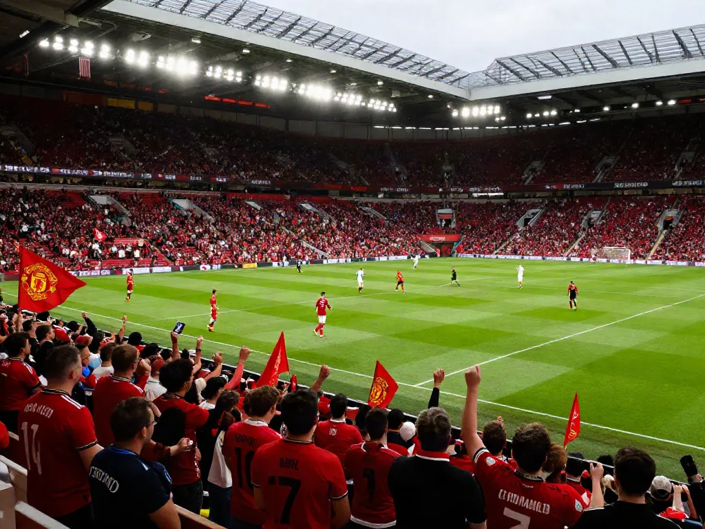 Exciting atmosphere during a Manchester United vs Liverpool match, highlighting the rivalry with passionate fans and players on the field - สถิติแมนยู พบ ลิเวอร์พูล.
