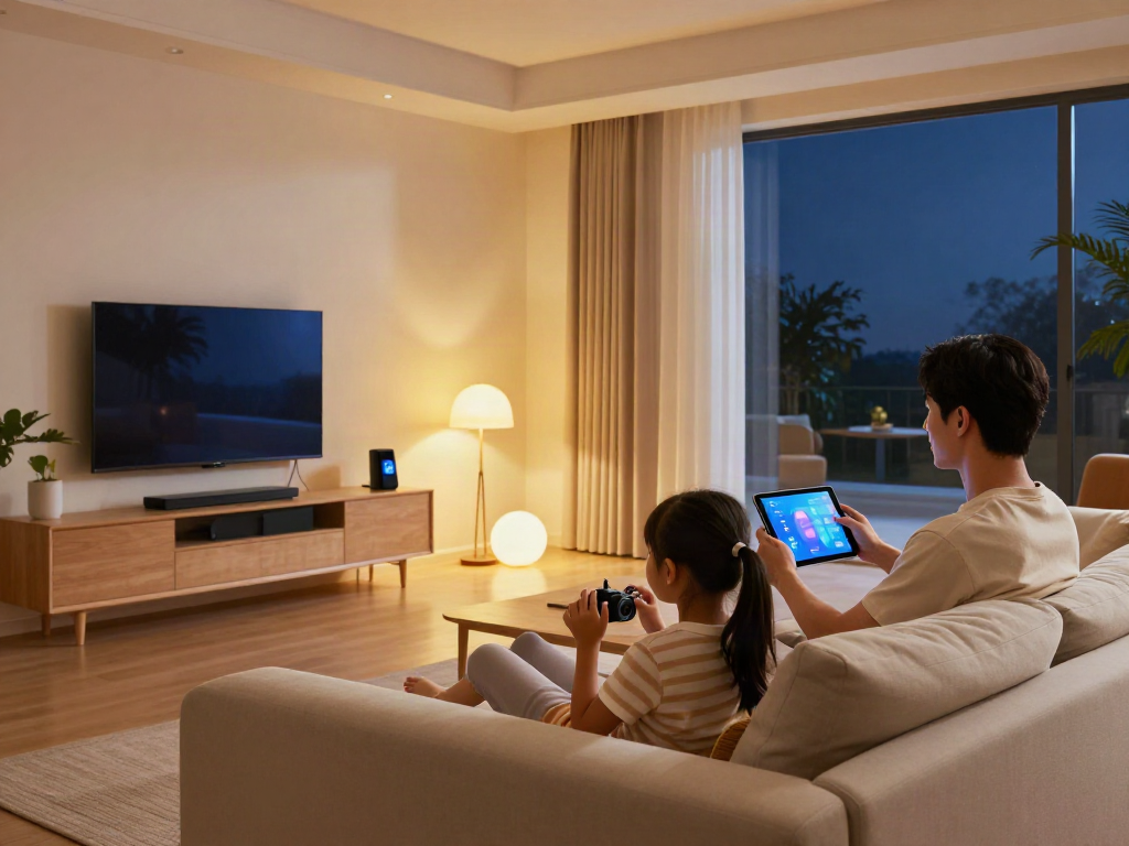 Smart home lifestyle scene featuring a family enjoying movie night with smart audio system controls and ambient lighting, highlighting جهان اسمارت technology.