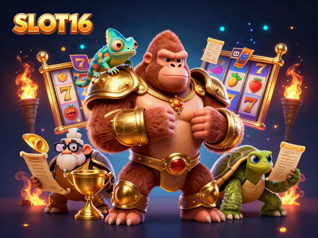 SLOT16 illustration featuring a gorilla king and friends surrounded by slot reels and casino elements.