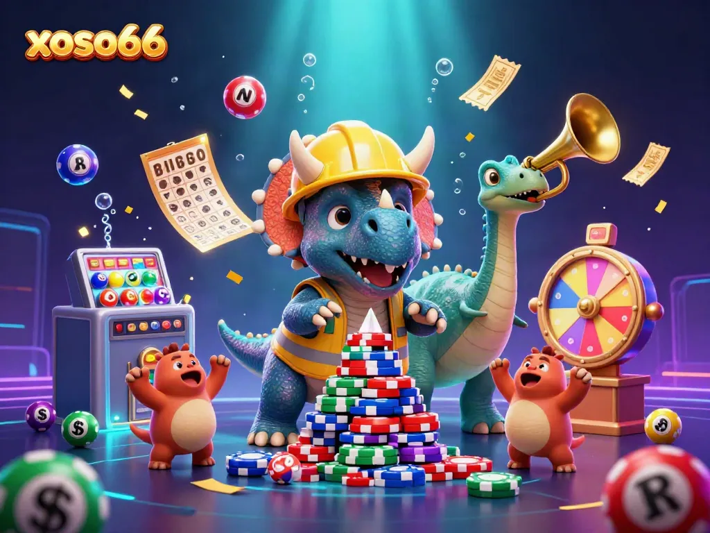Engaging scene with xoso66 characters building poker chips, amidst vibrant lottery elements and celebration.