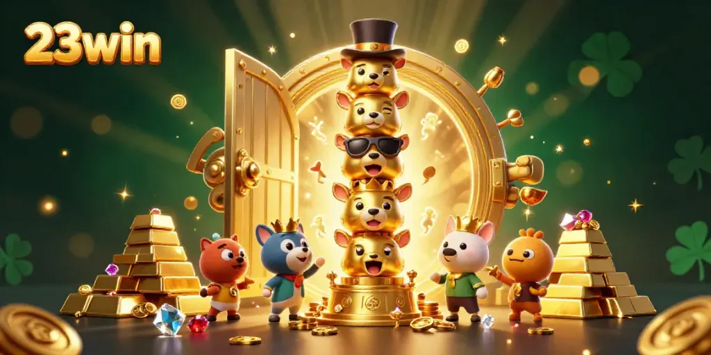 Engage in the vibrant world of 23win casino, featuring a magical totem pole and dazzling treasure.