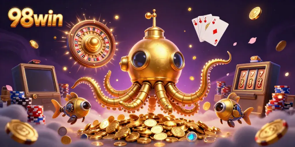 98win delivers a captivating online gaming experience with a dynamic kraken submarine and mechanical fish scene.