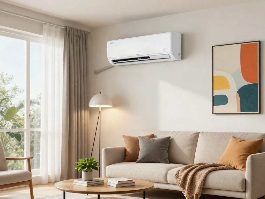 Showcasing a mini split ac system in a modern living room, enhancing home comfort and style.