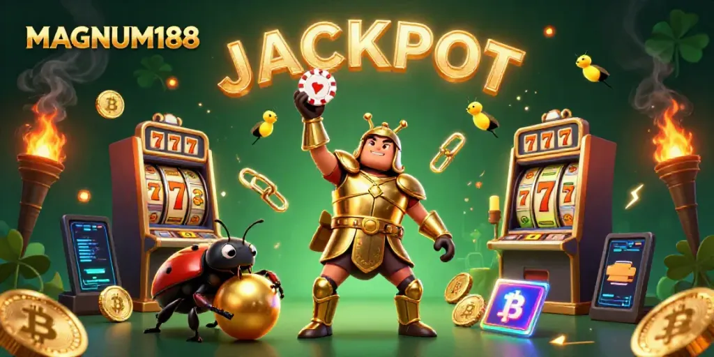 Experience MAGNUM188's jackpot thrill with vibrant characters lifting poker chips and glowing coins.