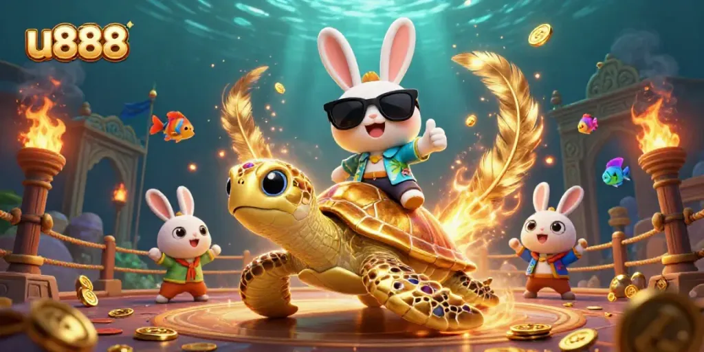 Experience u888 with a playful rabbit and golden turtle in an underwater casino adventure.