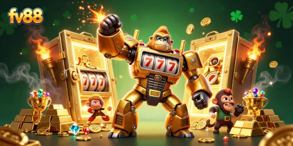 Experience thrilling gameplay at fv88 with a vibrant golden gorilla mech and casino treasures.