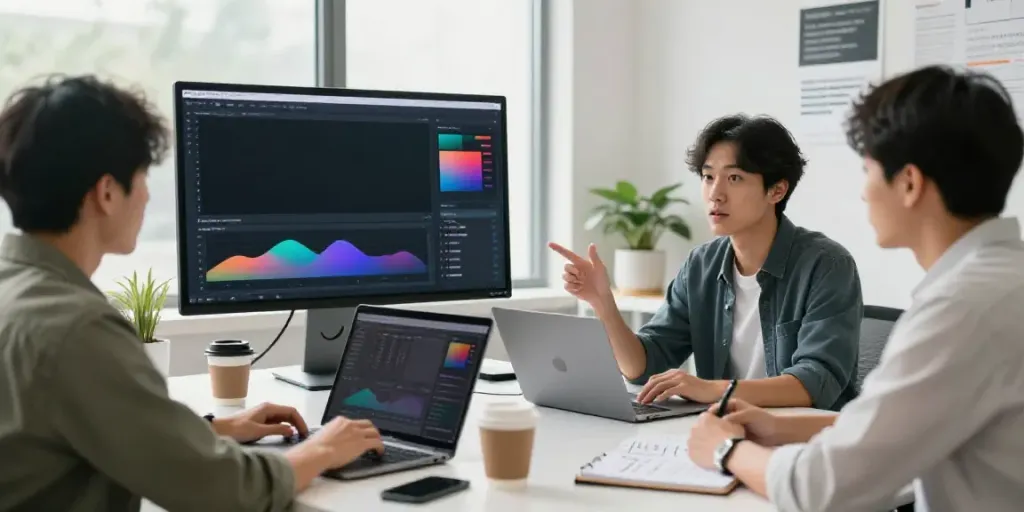 Content strategist explaining AI generated content strategies in a modern office environment.