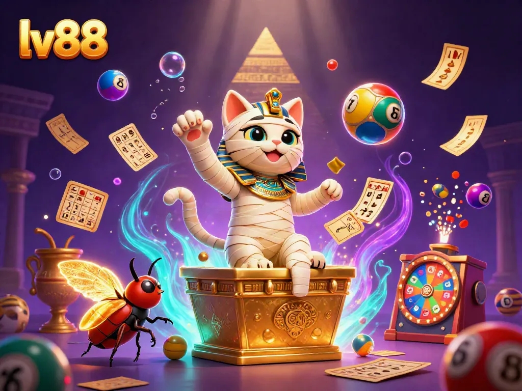 lv88 brings excitement with a cartoon mummy cat, glowing scarab, and dynamic casino elements